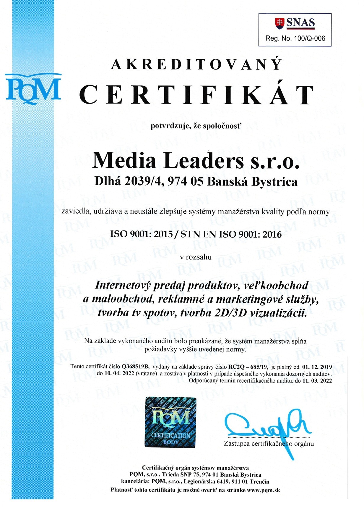 ISO 9001 認証メディア リーダー sro