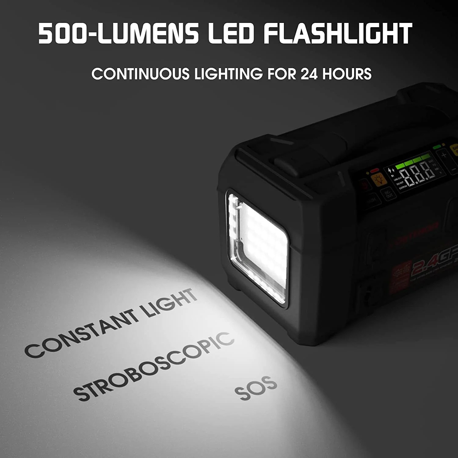 カースターター 500 ルーメン LED 懐中電灯 + コンプレッサーとパワーバンク