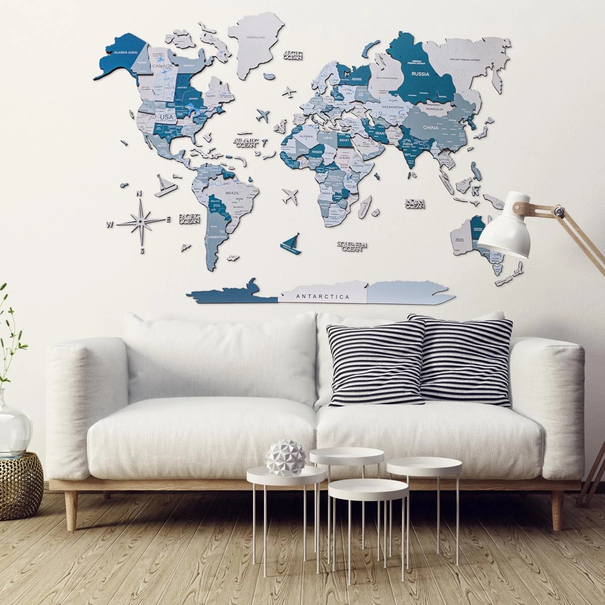 カラフルな3D木製世界地図青