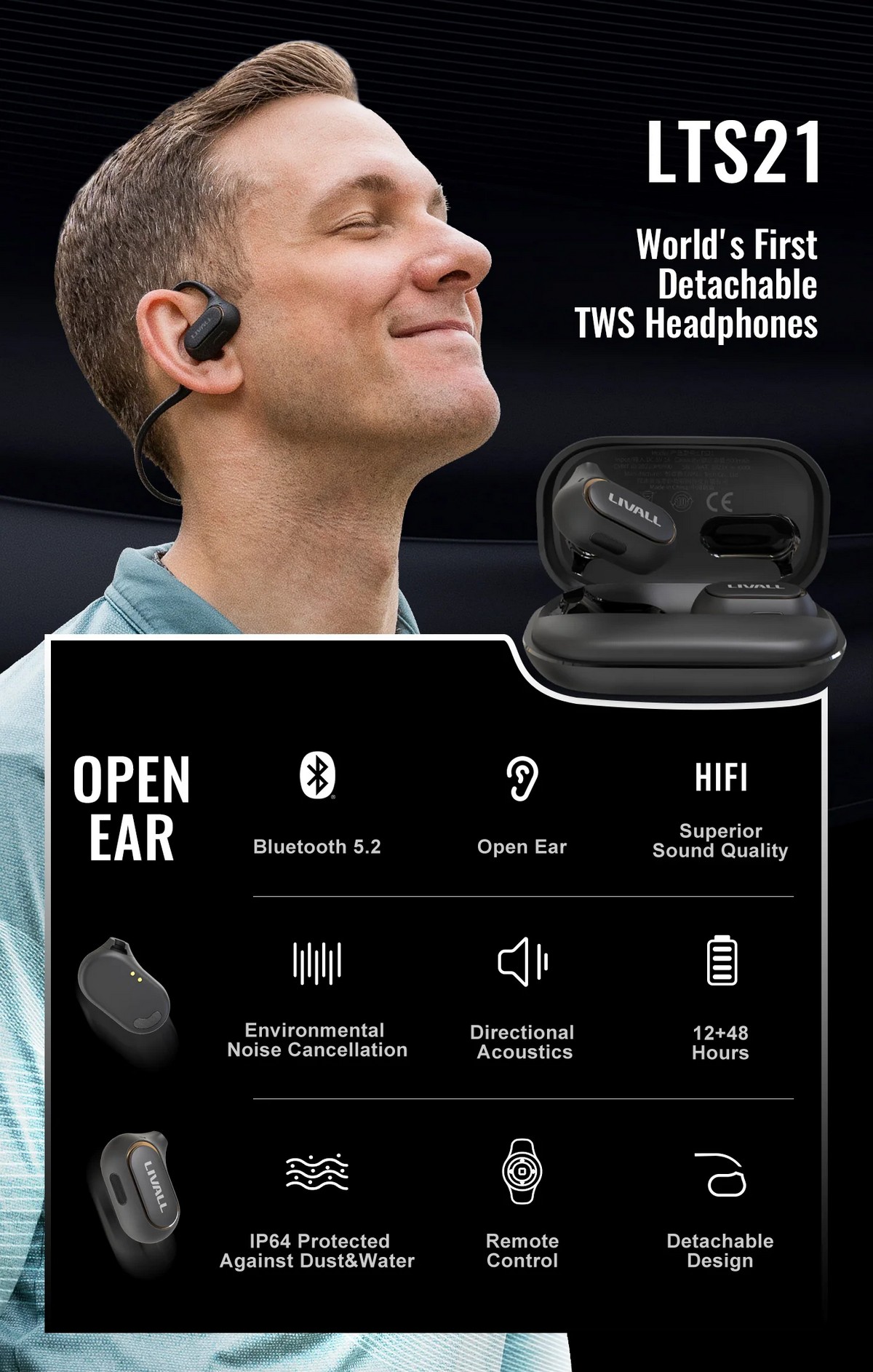 Bluetooth 付きスポーツワイヤレスヘッドフォン - 取り外し可能なオープンイヤーデザイン