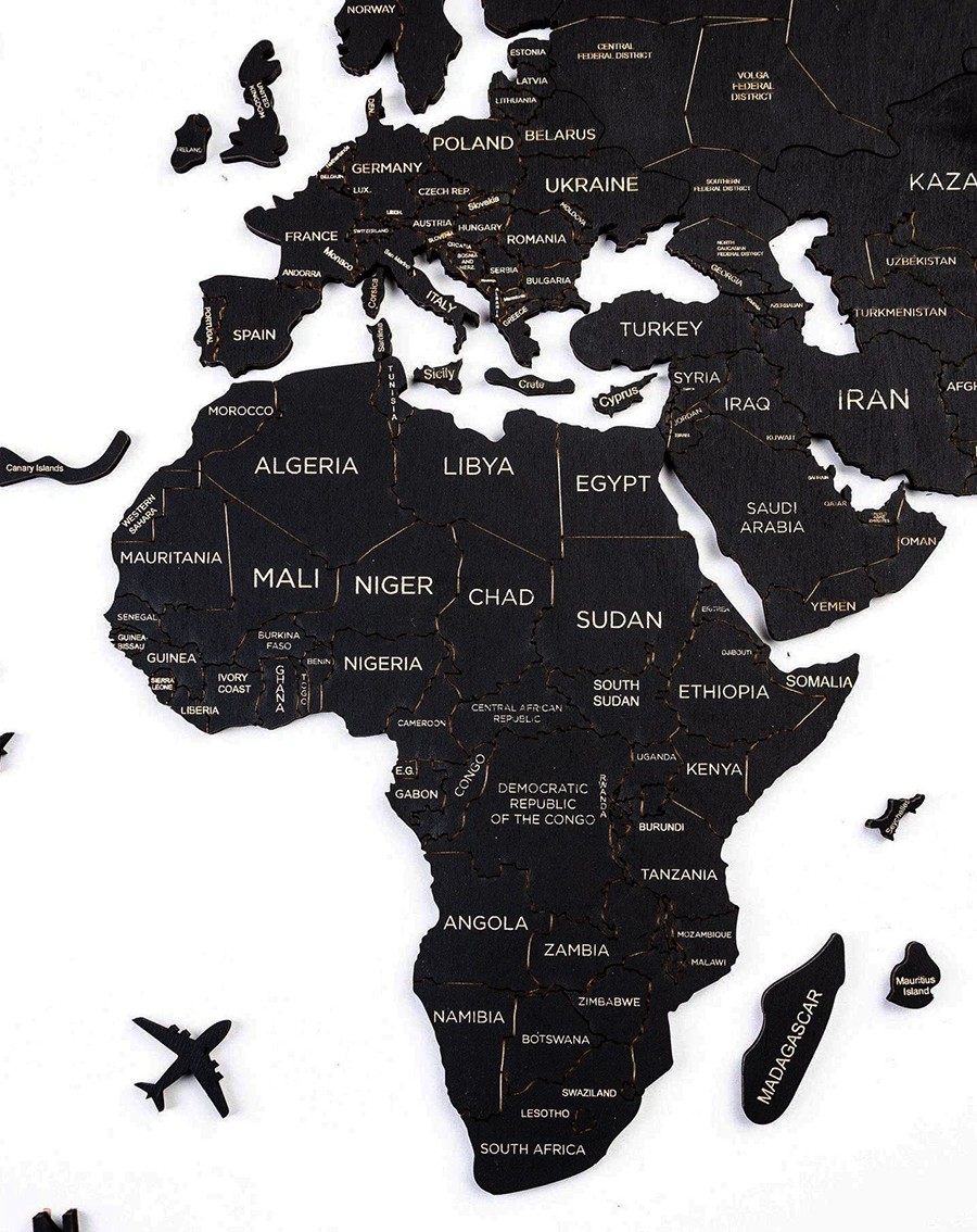 壁大陸の黒い色の世界の木製地図
