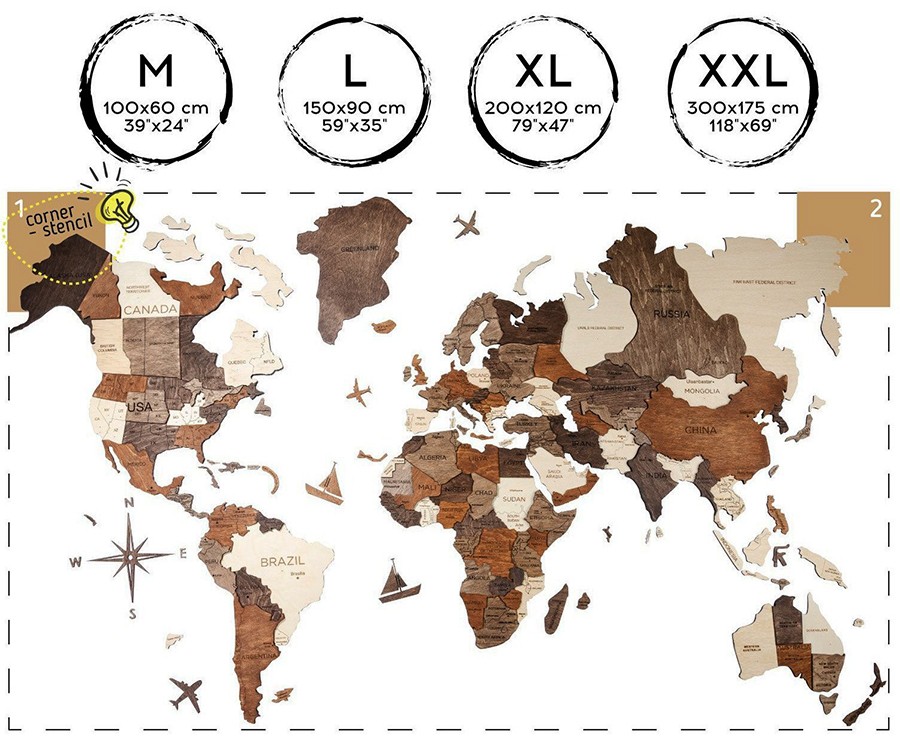 世界地図サイズXXLの3D木製絵画