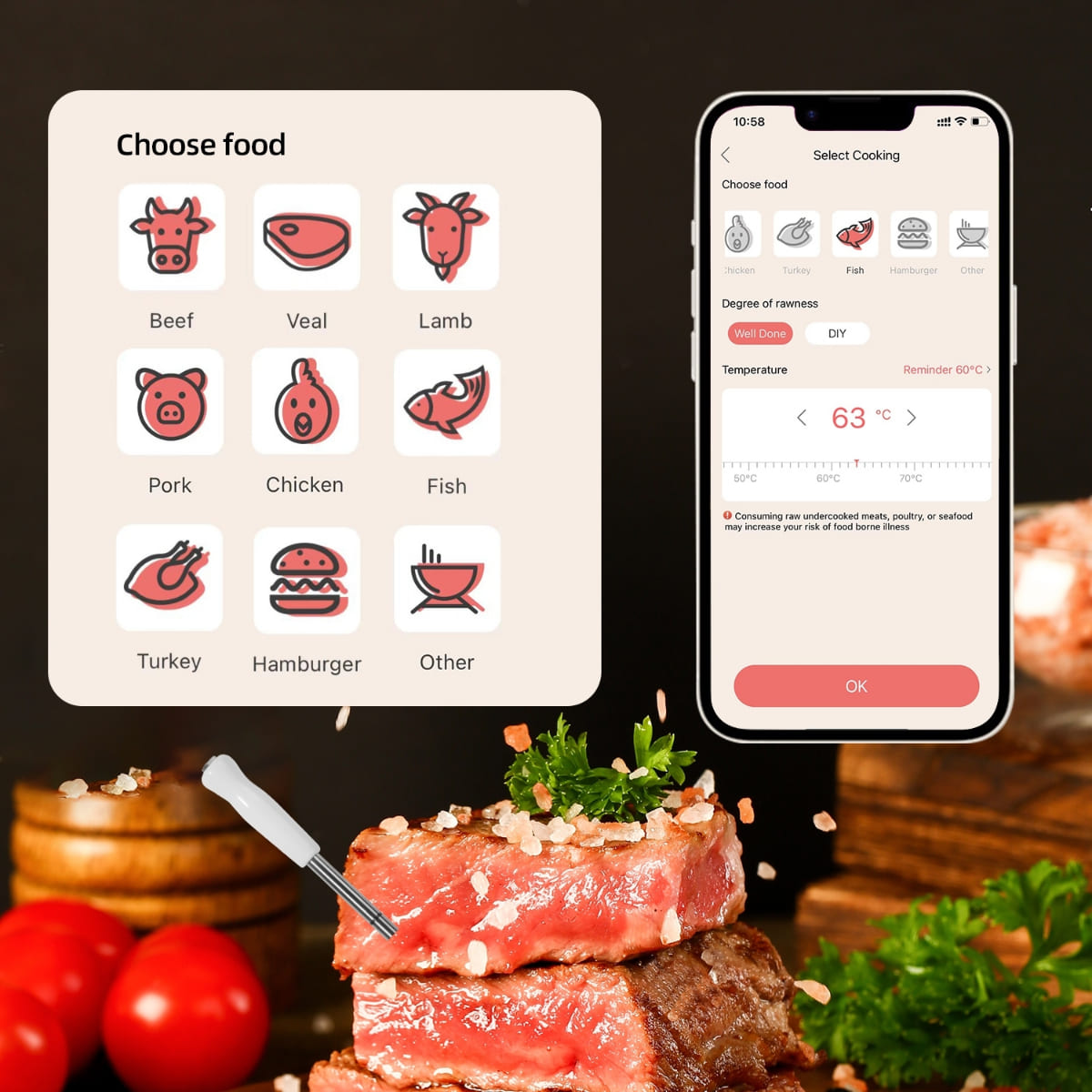 肉を焼くための温度計 - 最大 100 m の Bluetooth サポート (モバイル アプリ)