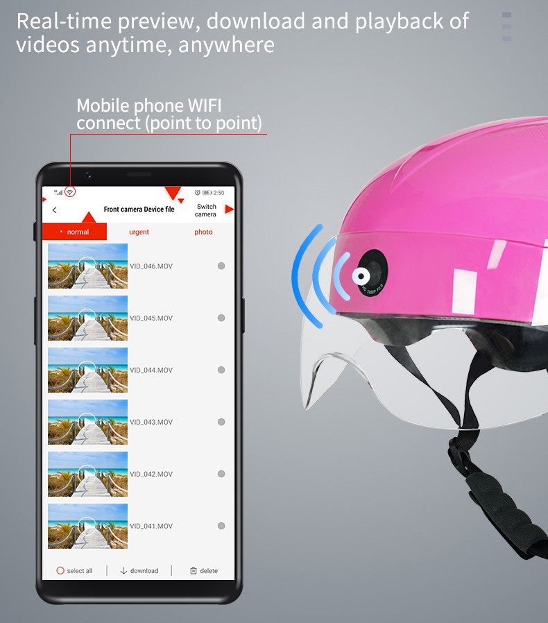 アプリスマートフォンを介したオートバイのヘルメットカメラのwifi接続
