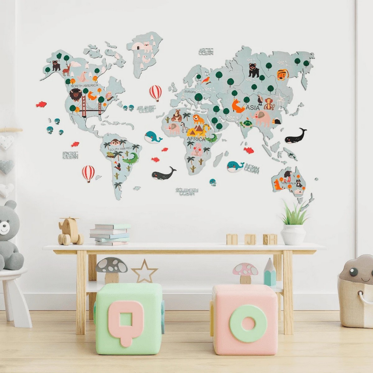 壁に子供用木製2D世界地図