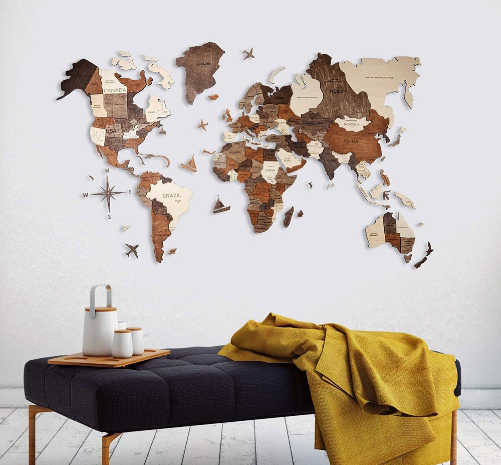 壁の木の世界地図上の3D絵画