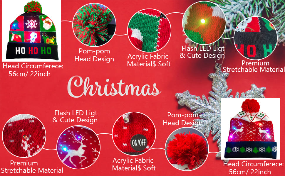 さまざまなデザインの冬用クリスマスビーニー - LED でライトアップ